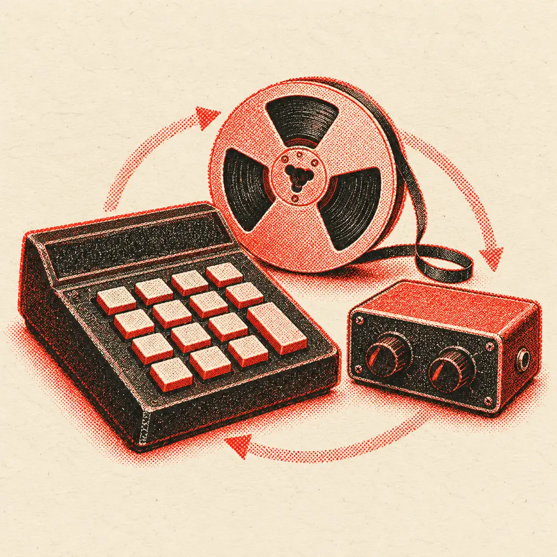 Risograph illustration of a calculator, tape reel and delay unit linked by a loop arrow