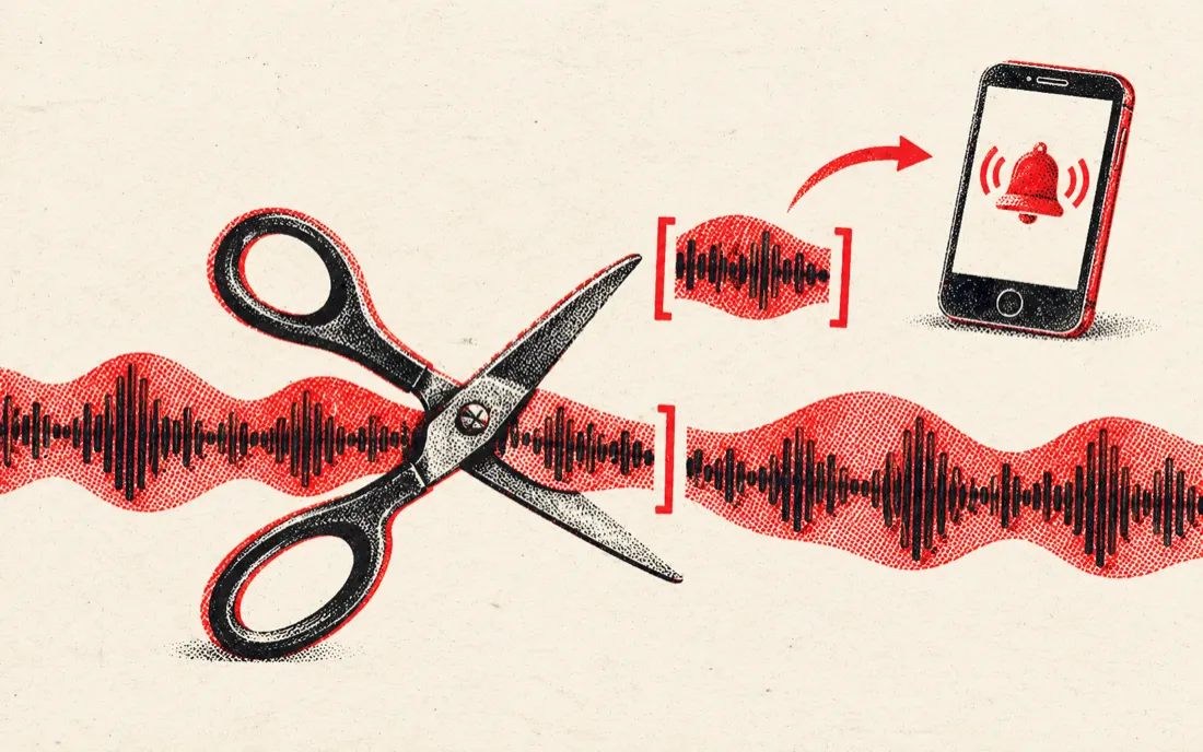 Risograph illustration: scissors snipping a long sound wave ribbon into a short clip for a phone ringtone