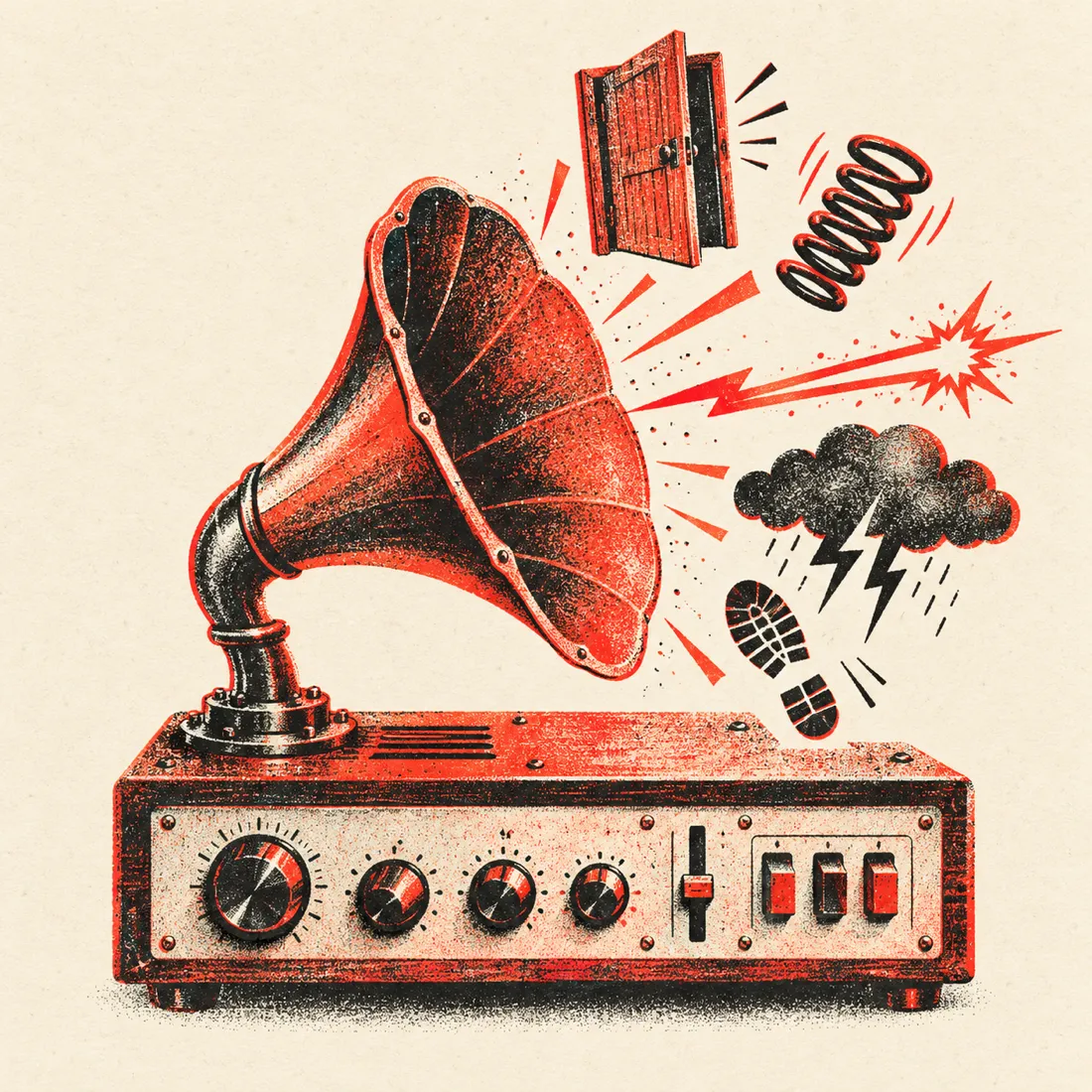 Risograph illustration: a gramophone horn on a mixing desk blasting out a door, a spring, a laser, a thunder cloud and a footstep