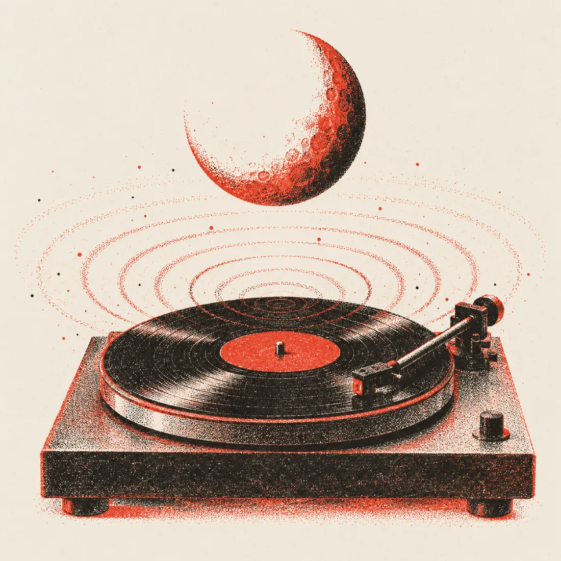 Risograph illustration: a vinyl record slowing under a crescent moon with soft reverb ripples