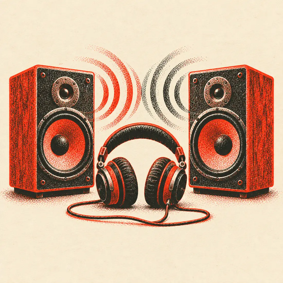 Risograph illustration of two speakers with headphones between them, left and right sound waves