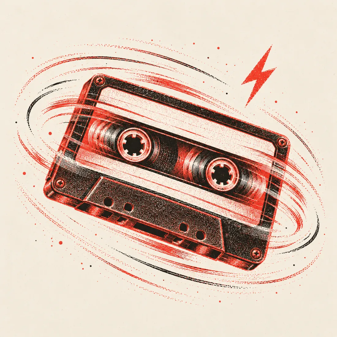 Risograph illustration: a cassette tape spinning fast with speed lines and a lightning bolt
