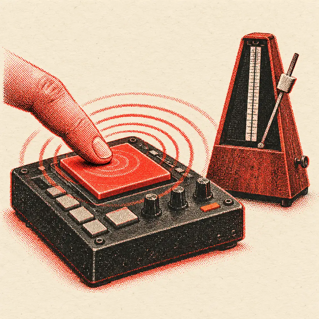Risograph illustration of a finger tapping a drum pad beside a pendulum metronome