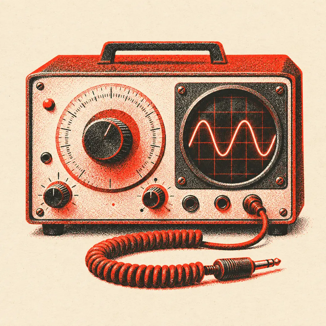 Risograph illustration of a vintage signal generator showing a sine wave on its scope